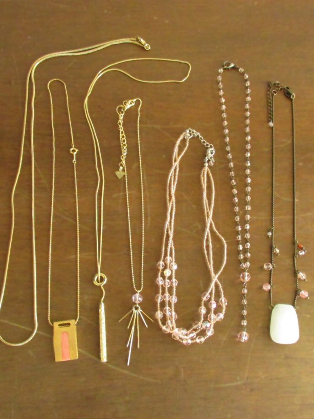 Women’s Necklace Lot – 7pc Gold Tone Styles – Pink Glass, Cookie Lee, Park Lane